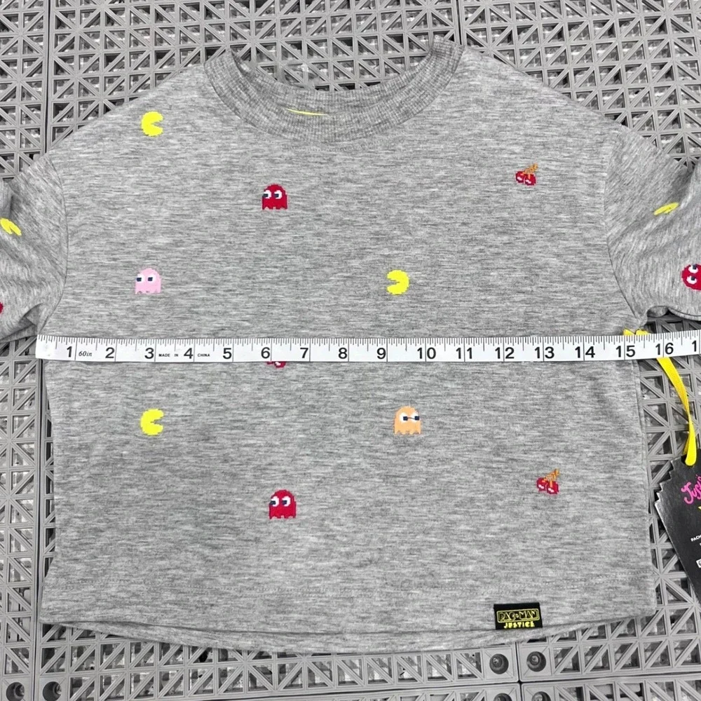 Justice Pac-Man Graphic Tee Girls XS 5/6 Grey‎ Cropped Embroidered Retro Gamer
